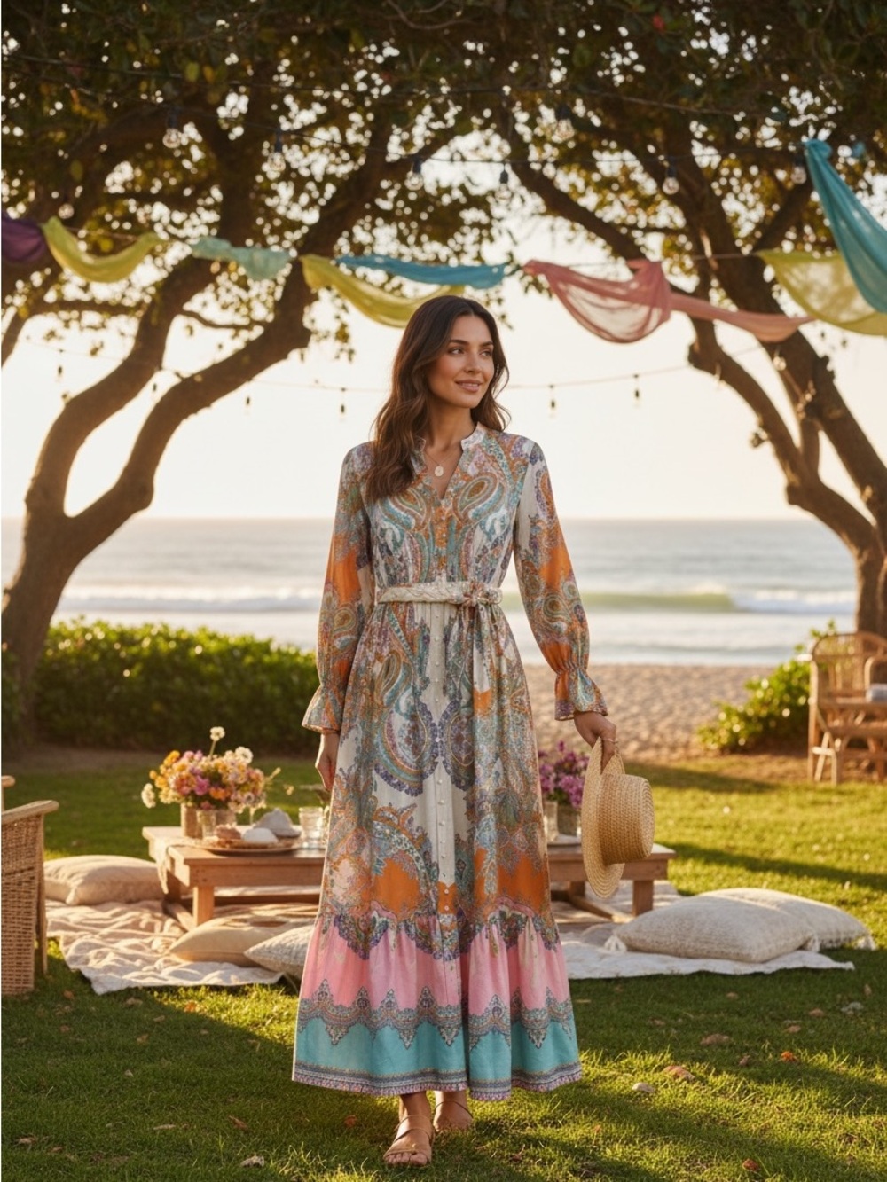 Bohemian Paisley Long Sleeve Maxi‎ Dress S/M Button Front Designer Inspired